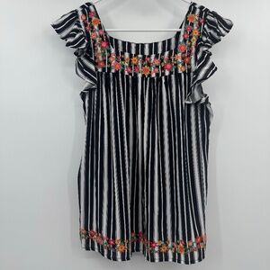 Savanna Jane Top Women Small NEW Black Stripes Embroidered Flower Ruffle Boho